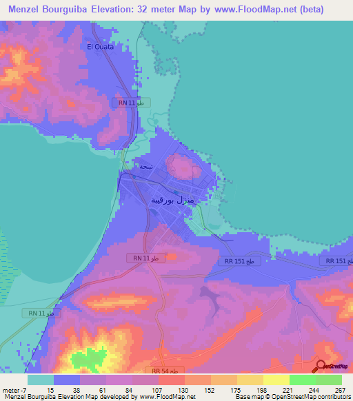 Menzel Bourguiba,Tunisia Elevation Map