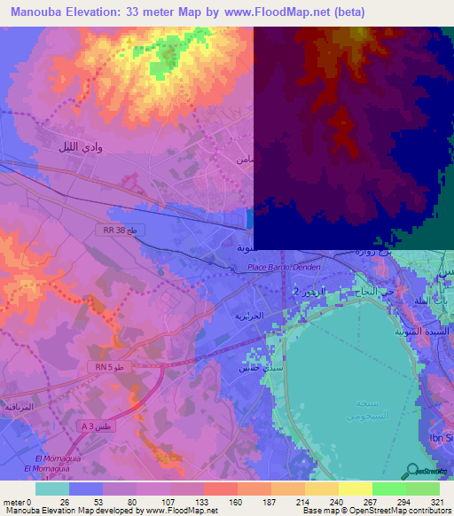 Manouba,Tunisia Elevation Map