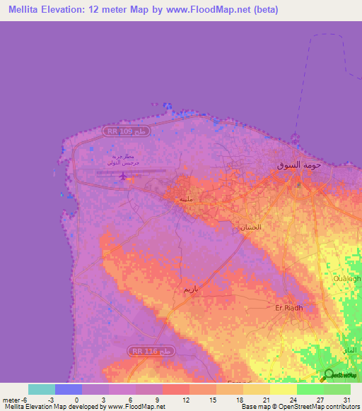Mellita,Tunisia Elevation Map