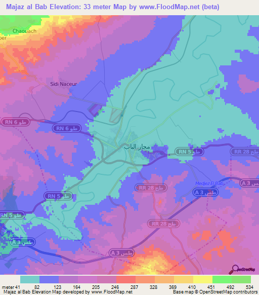 Majaz al Bab,Tunisia Elevation Map