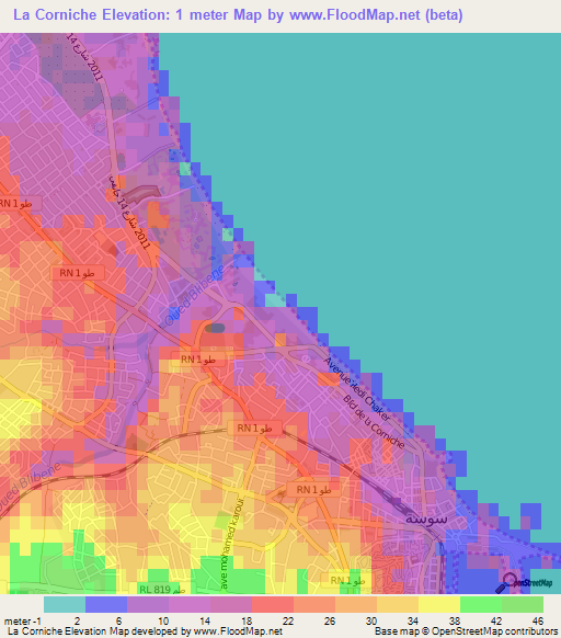 La Corniche,Tunisia Elevation Map