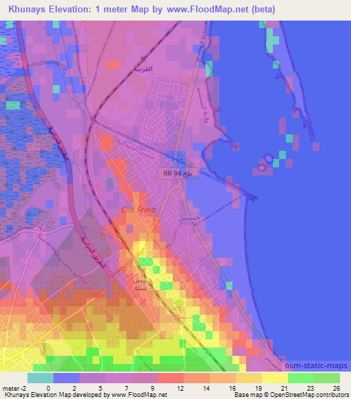 Khunays,Tunisia Elevation Map