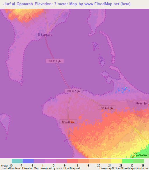Jurf al Qantarah,Tunisia Elevation Map