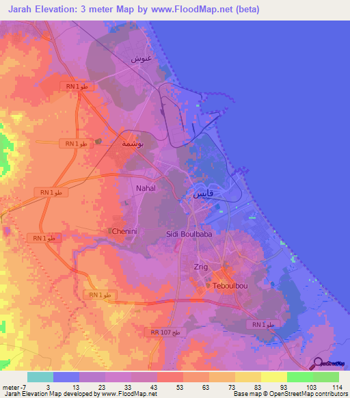 Jarah,Tunisia Elevation Map