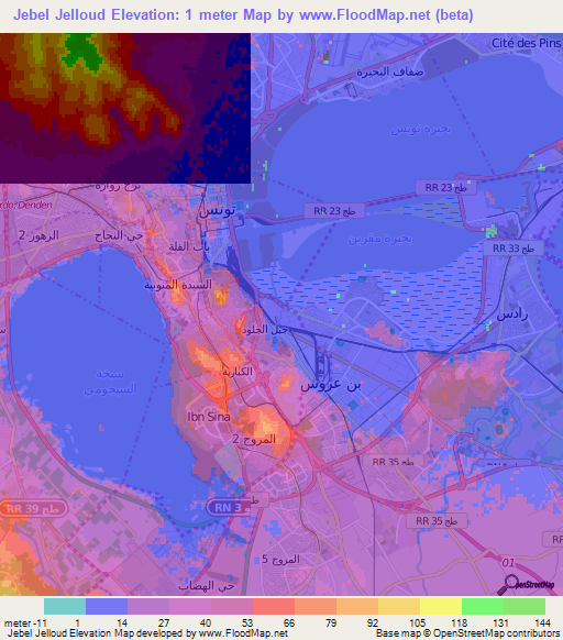 Jebel Jelloud,Tunisia Elevation Map