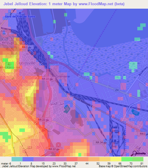 Jebel Jelloud,Tunisia Elevation Map