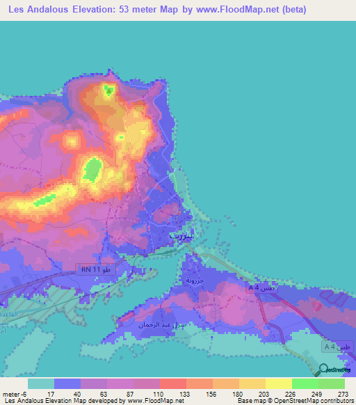 Les Andalous,Tunisia Elevation Map