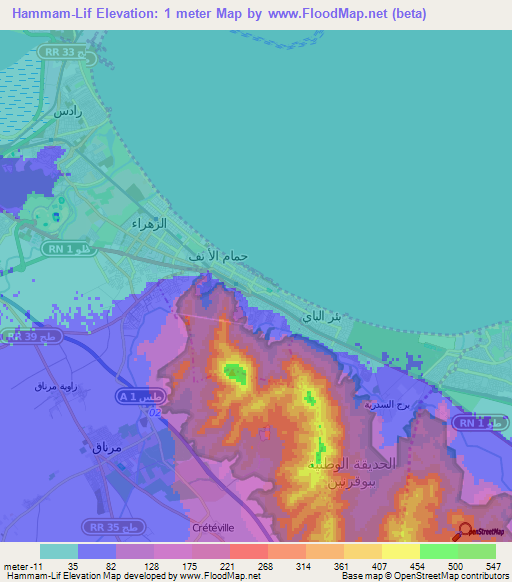 Hammam-Lif,Tunisia Elevation Map