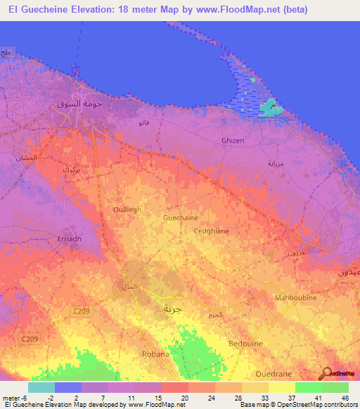 El Guecheine,Tunisia Elevation Map