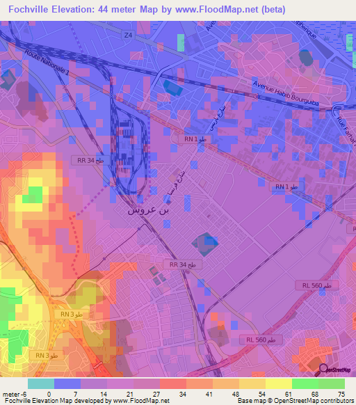 Fochville,Tunisia Elevation Map