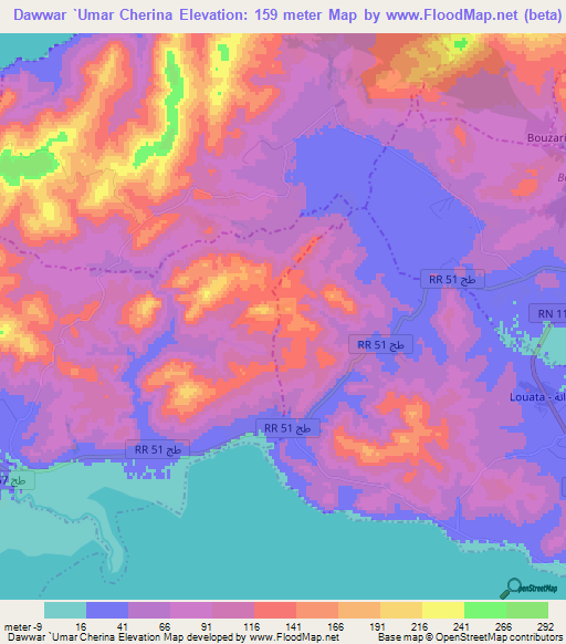 Dawwar `Umar Cherina,Tunisia Elevation Map