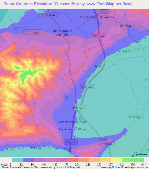 Douar Gournata,Tunisia Elevation Map