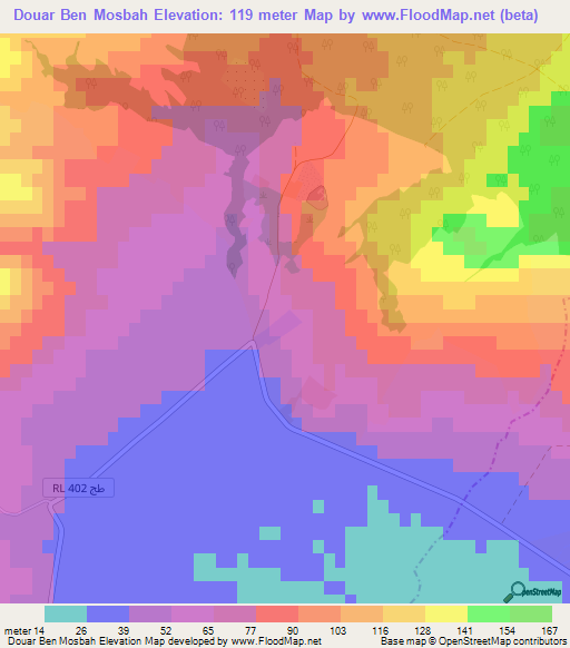 Douar Ben Mosbah,Tunisia Elevation Map