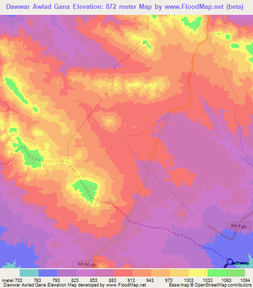 Dawwar Awlad Gana,Tunisia Elevation Map