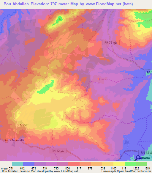 Bou Abdallah,Tunisia Elevation Map