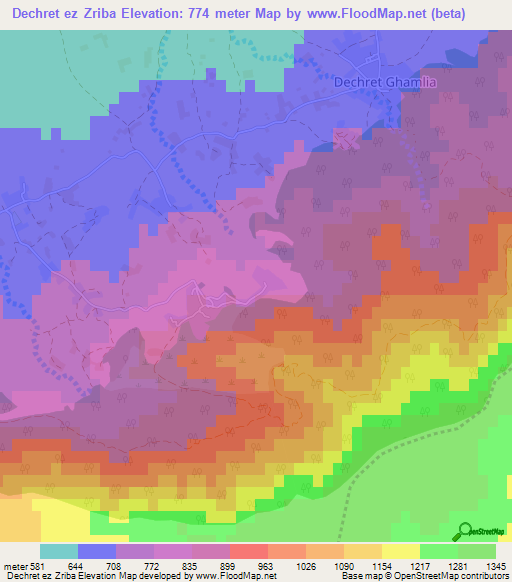 Dechret ez Zriba,Tunisia Elevation Map