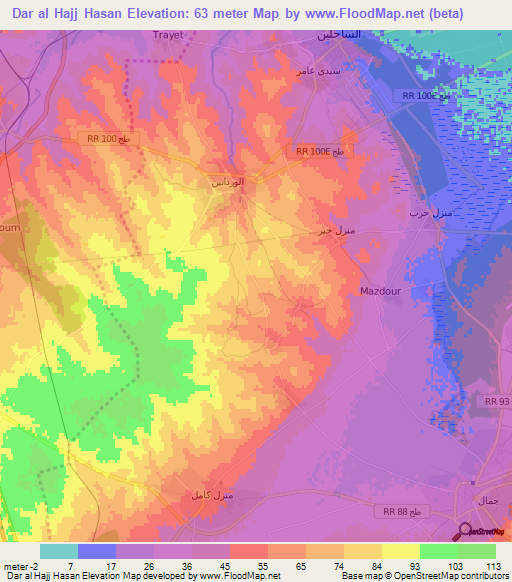 Dar al Hajj Hasan,Tunisia Elevation Map