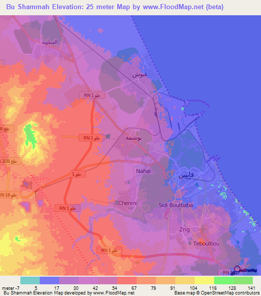 Bu Shammah,Tunisia Elevation Map