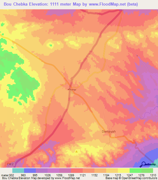 Bou Chebka,Tunisia Elevation Map