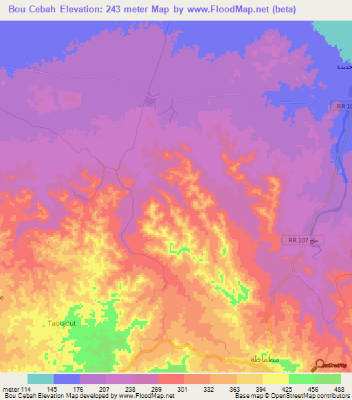 Bou Cebah,Tunisia Elevation Map