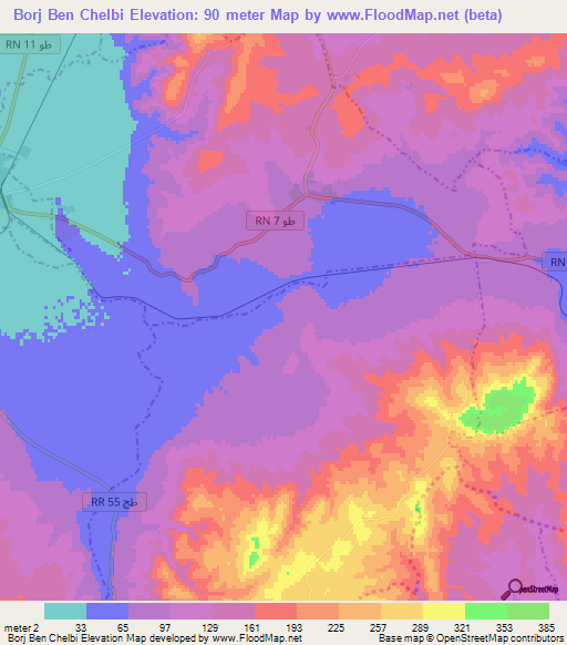 Borj Ben Chelbi,Tunisia Elevation Map