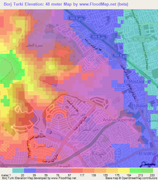 Borj Turki,Tunisia Elevation Map