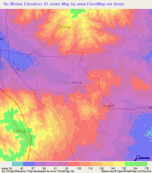Bu Mirdas,Tunisia Elevation Map