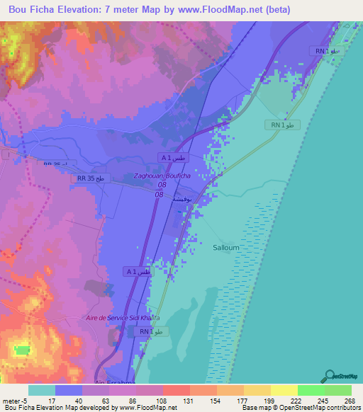Bou Ficha,Tunisia Elevation Map