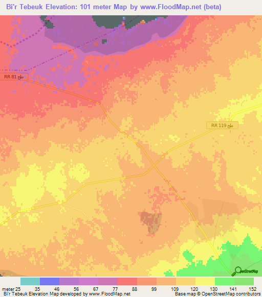 Bi'r Tebeuk,Tunisia Elevation Map