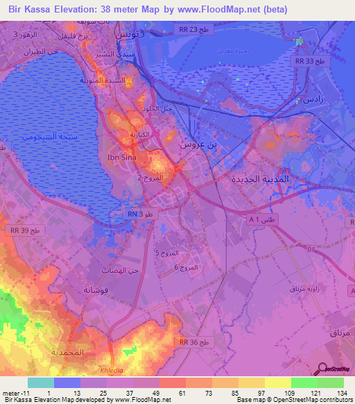Bir Kassa,Tunisia Elevation Map