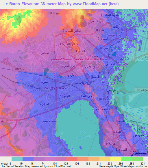 Le Bardo,Tunisia Elevation Map