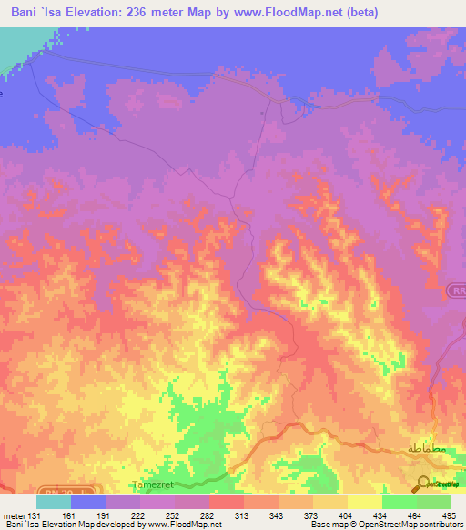 Bani `Isa,Tunisia Elevation Map
