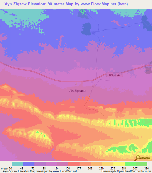 `Ayn Ziqzaw,Tunisia Elevation Map