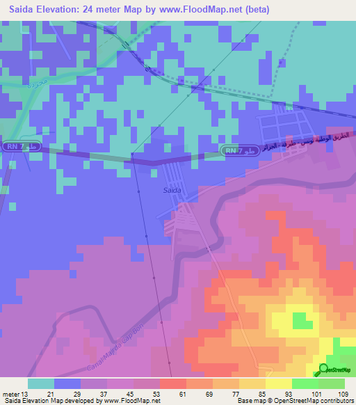 Saida,Tunisia Elevation Map