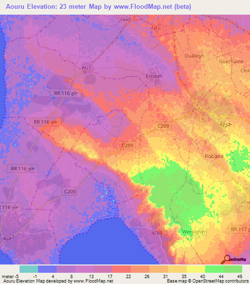 Aouru,Tunisia Elevation Map