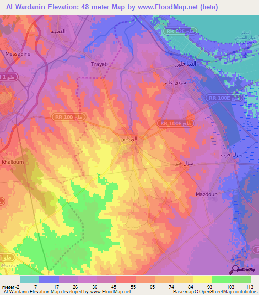 Al Wardanin,Tunisia Elevation Map