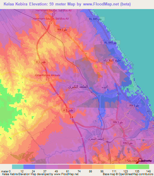 Kelaa Kebira,Tunisia Elevation Map