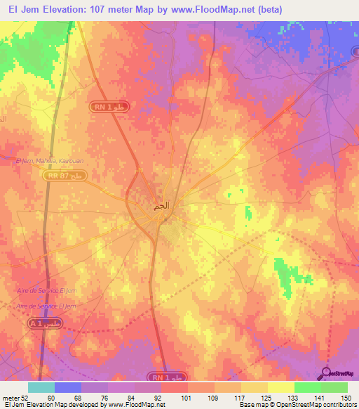 El Jem,Tunisia Elevation Map