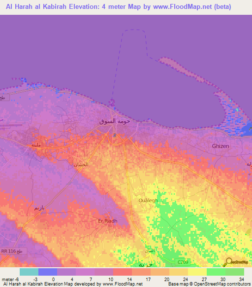 Al Harah al Kabirah,Tunisia Elevation Map