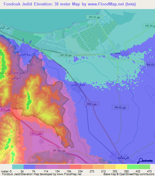 Fondouk Jedid,Tunisia Elevation Map