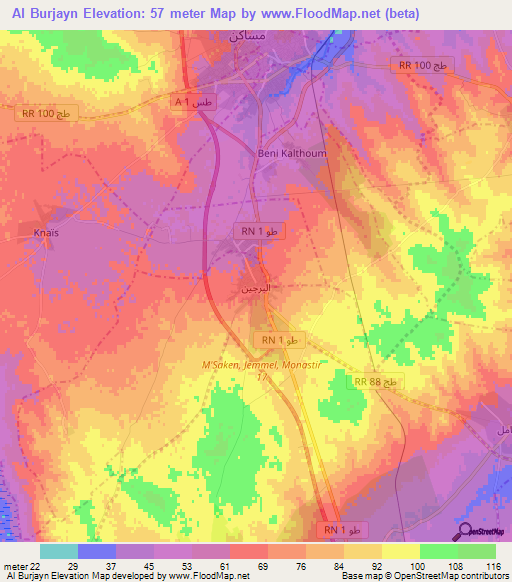 Al Burjayn,Tunisia Elevation Map