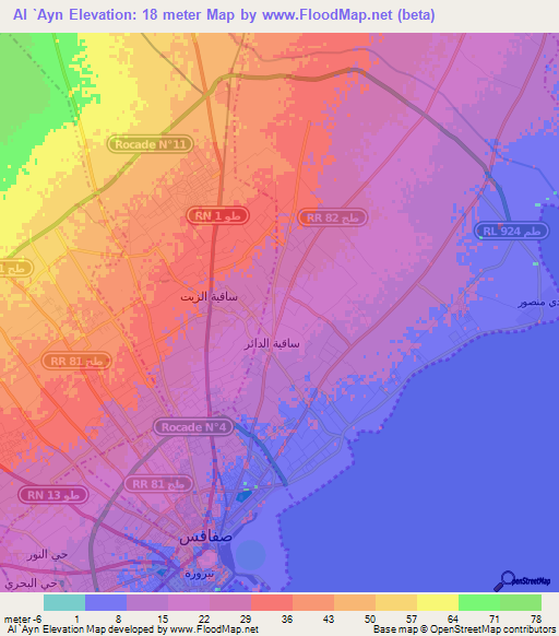 Al `Ayn,Tunisia Elevation Map