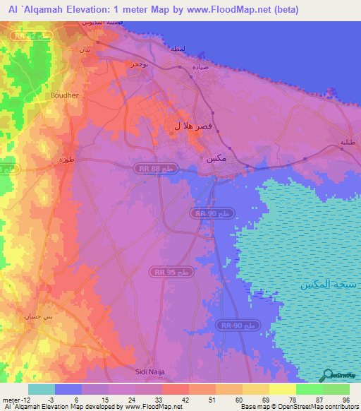 Al `Alqamah,Tunisia Elevation Map