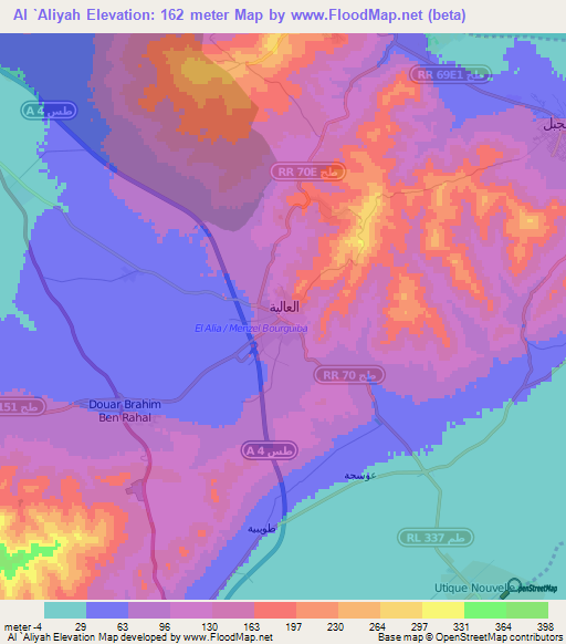 Al `Aliyah,Tunisia Elevation Map