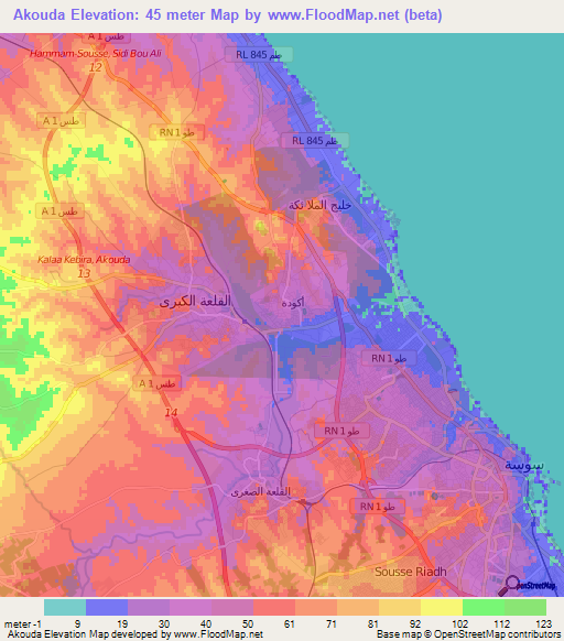 Akouda,Tunisia Elevation Map