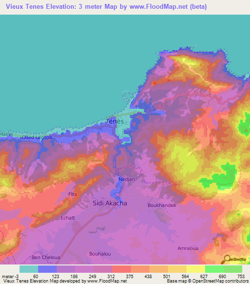Vieux Tenes,Algeria Elevation Map