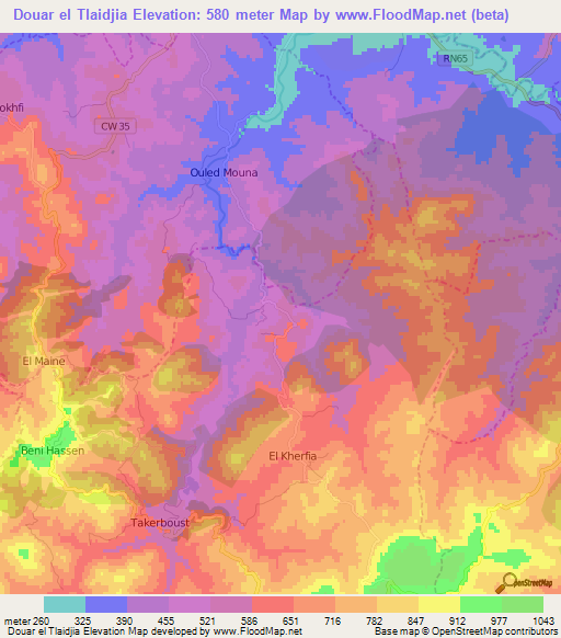 Douar el Tlaidjia,Algeria Elevation Map