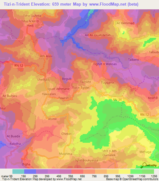 Tizi-n-Trident,Algeria Elevation Map