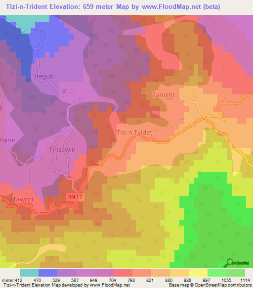 Tizi-n-Trident,Algeria Elevation Map
