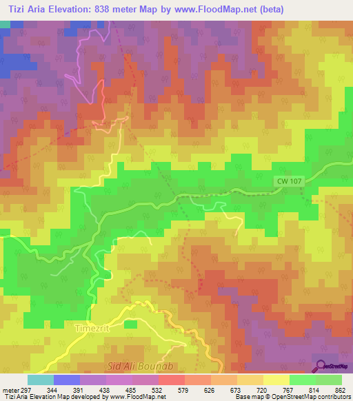 Tizi Aria,Algeria Elevation Map